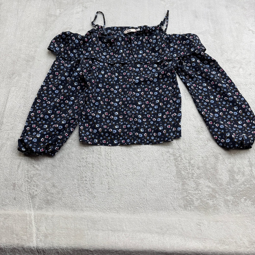 Mi Ami Blouse Women M Navy Floral Cold Shoulder Ruffle Cottagecore Boho Festival